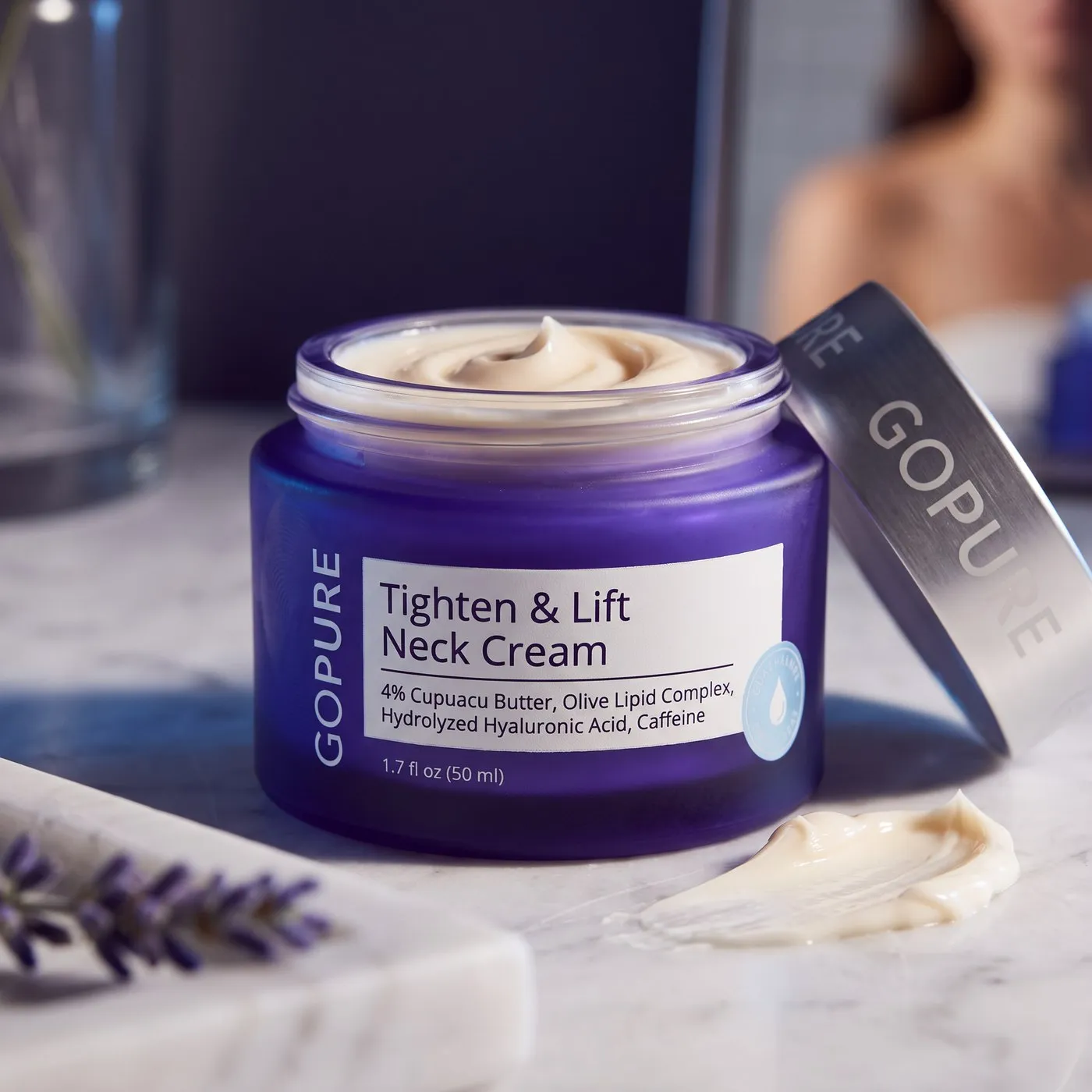 goPure violet neck cream jar with its silver lid