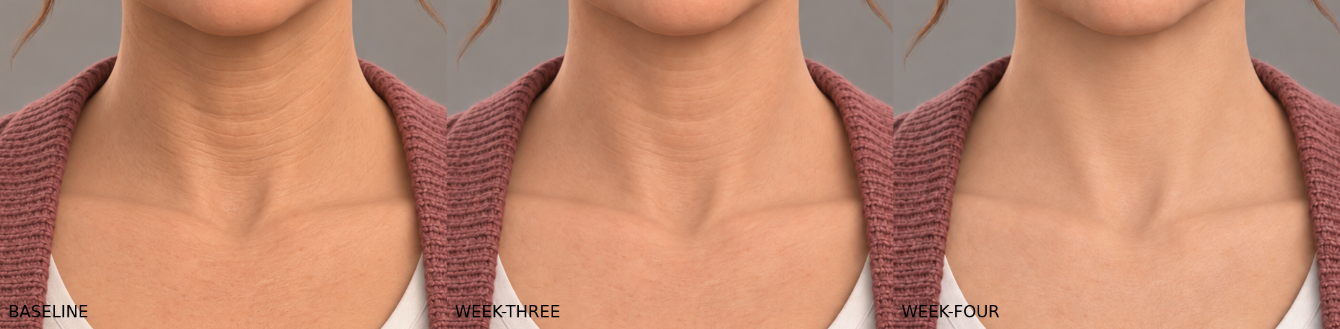 Close comparison: baseline dry and banded neck, intermediate three-week state, revised four-week state